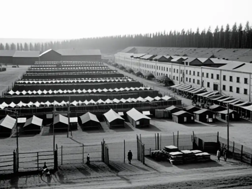 Imagen en blanco y negro de un campo de prisioneros de guerra, con alambradas, torres de vigilancia y barracas