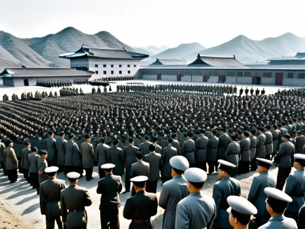 Imagen en blanco y negro de un campo de trabajo abarrotado en Corea del Norte, con prisioneros trabajando bajo la vigilancia de guardias armados