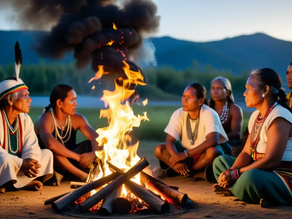 Una imagen en blanco y negro de una ceremonia tradicional de un grupo de indígenas alrededor de un fuego, transmitiendo fuerza y resiliencia