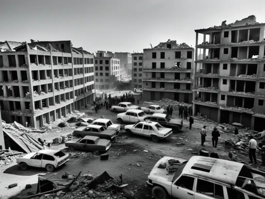 Imagen en blanco y negro de una ciudad devastada por estrategia militar en crisis humanitaria, con escombros y personas en busca de refugio y ayuda