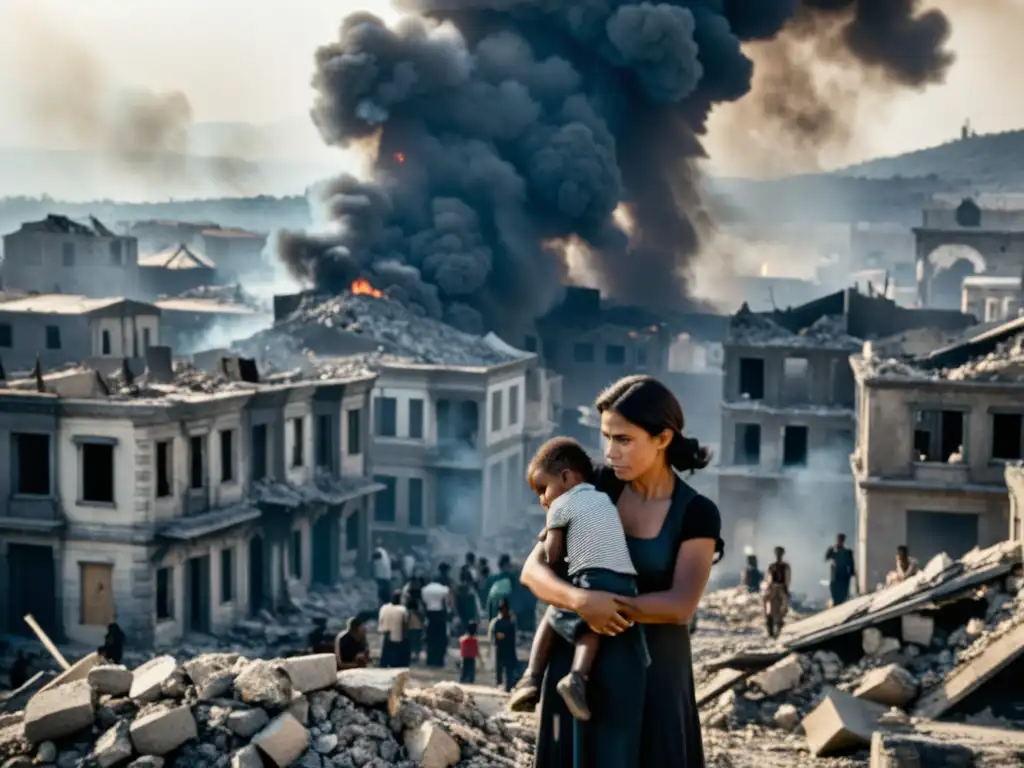 Imagen en blanco y negro de una ciudad destruida por la guerra, con civiles sombríos pero determinados