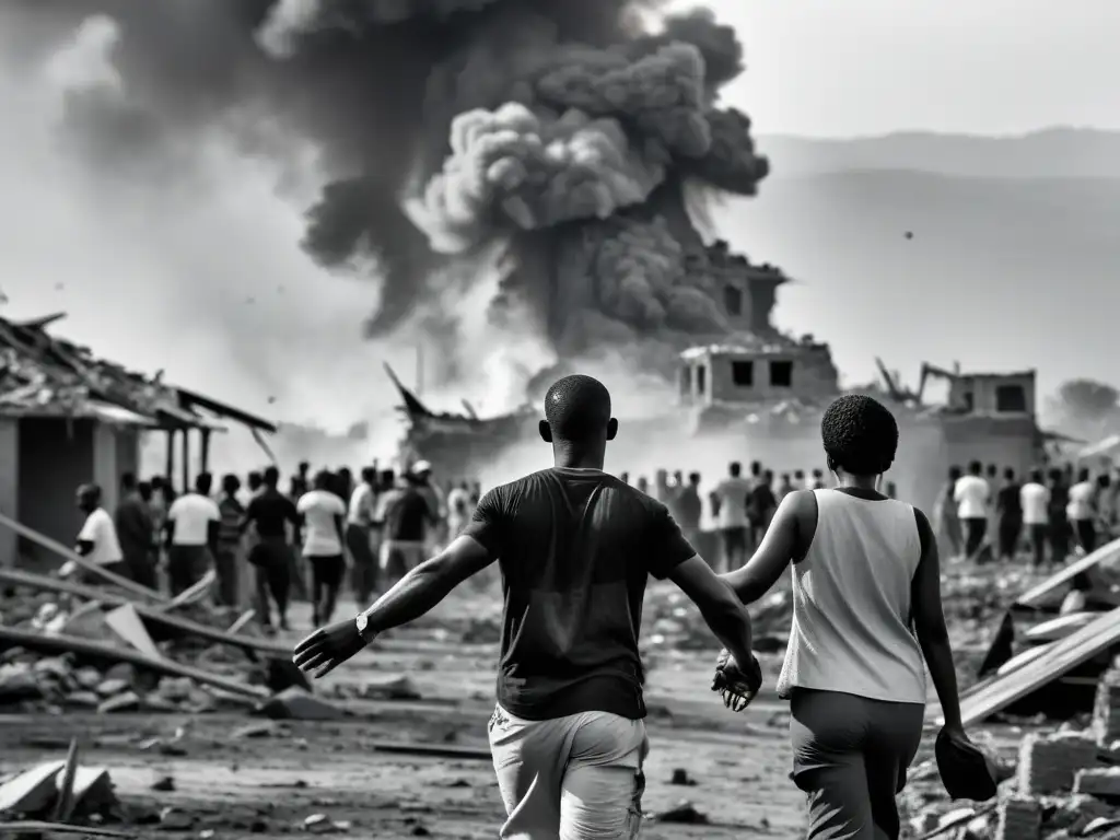 Imagen en blanco y negro de civiles y trabajadores humanitarios reconstruyendo juntos después de un conflicto, mostrando determinación y solidaridad