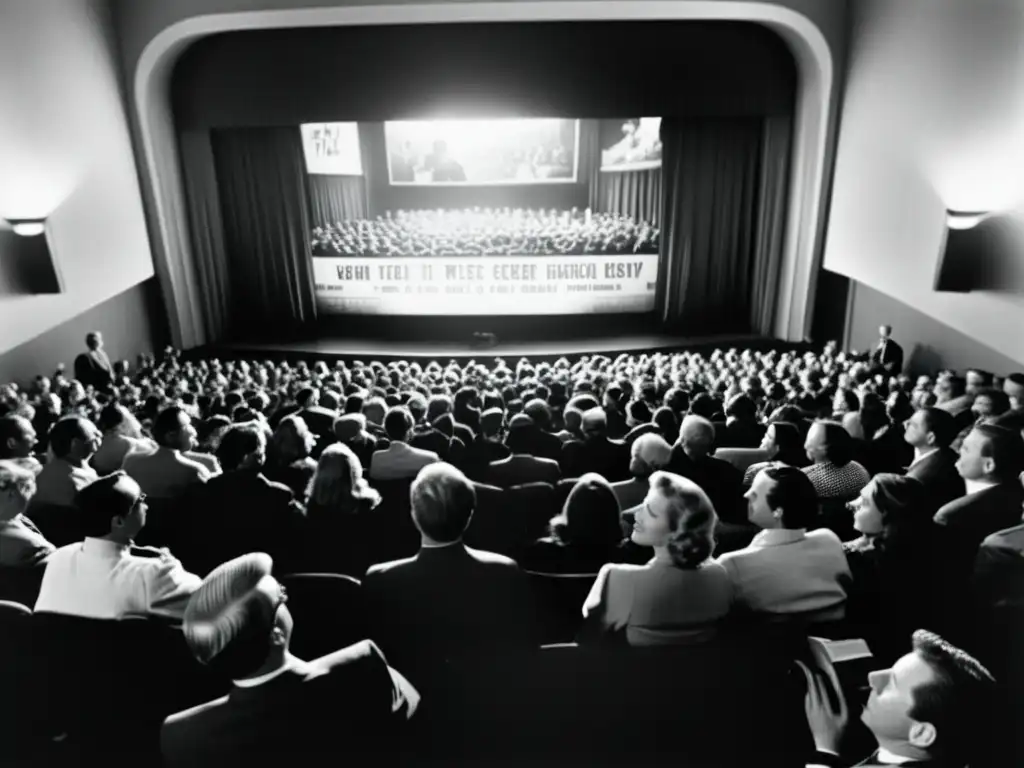 Imagen en blanco y negro de una concurrida sala de cine de mediados del siglo XX, con la pantalla iluminada por imágenes de eventos históricos