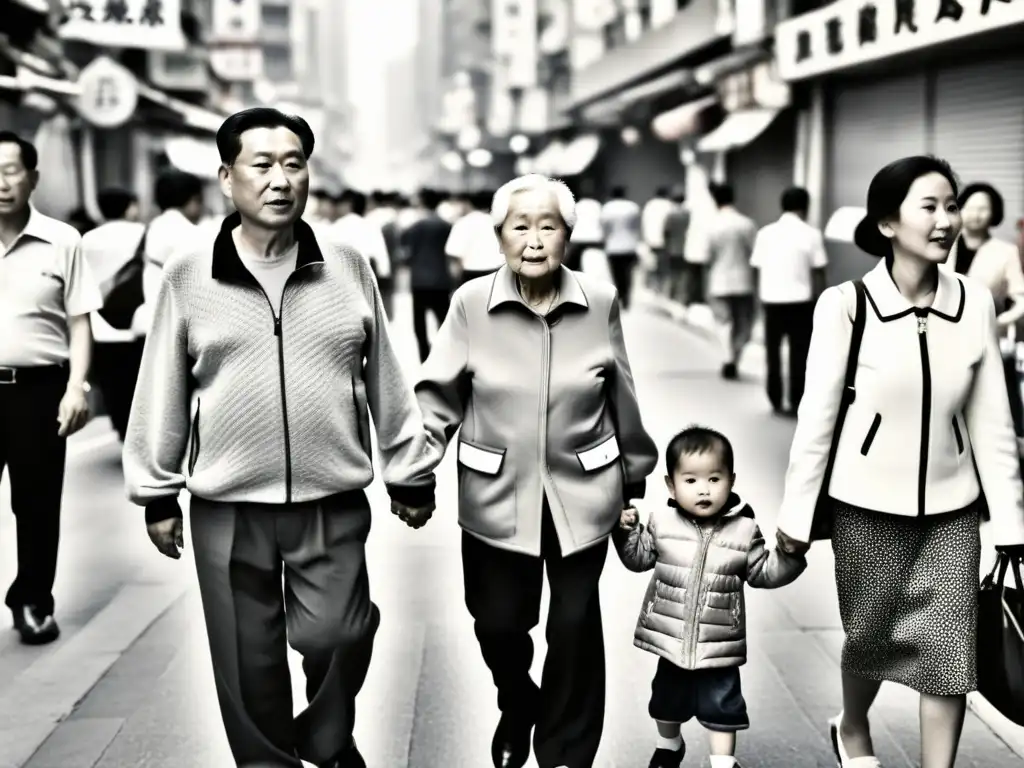 Una imagen en blanco y negro de una concurrida calle de la ciudad en China, con personas de todas las edades y edificios altos