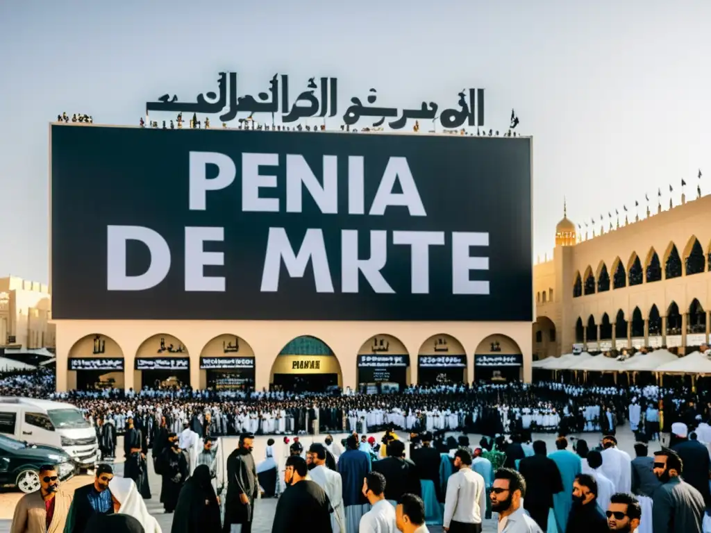 Una imagen en blanco y negro de una concurrida plaza pública en Riad, Arabia Saudita, con un gran cartel que muestra las palabras 'Pena de muerte' en letras audaces e imponentes