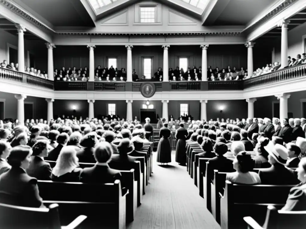 Imagen en blanco y negro de la Convención de Seneca Falls 1848, con mujeres debatiendo por derechos humanos en un salón histórico iluminado por la luz natural