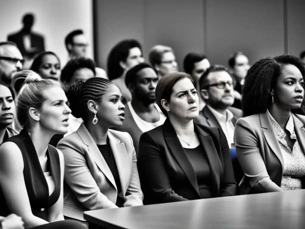 Imagen en blanco y negro de un debate intenso y respetuoso entre personas diversas, reflejando la paradoja de la tolerancia y los derechos humanos