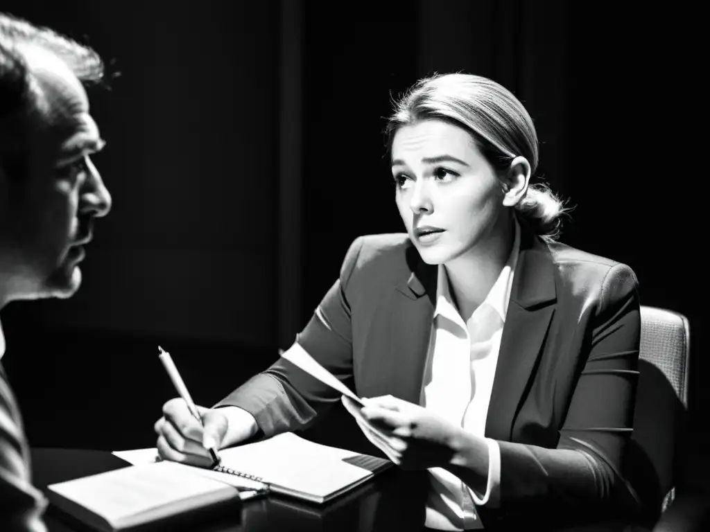 Imagen en blanco y negro de una entrevista periodística en una habitación tenue, reflejando la intensa concentración