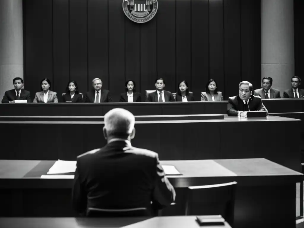 Una imagen en blanco y negro de una escena en la corte, con abogados y jueces serios, y un testigo dando un testimonio convincente