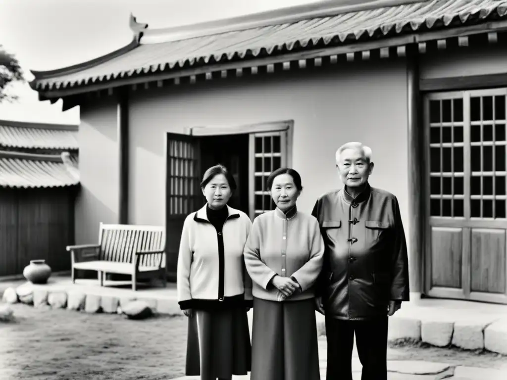 Imagen en blanco y negro de una familia china de tres generaciones frente a su humilde hogar