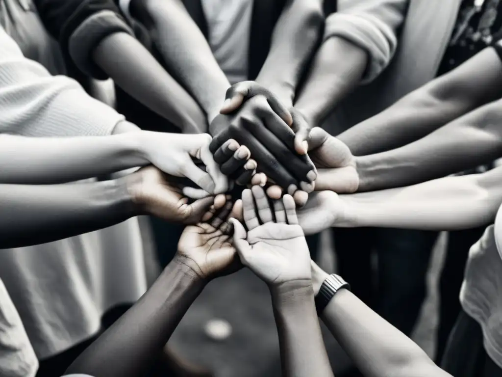 Imagen en blanco y negro de un grupo diverso de personas unidas, expresando solidaridad y fuerza en un círculo