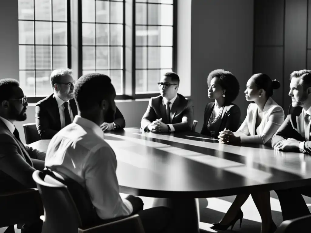 Una imagen en blanco y negro muestra a un grupo diverso de personas en una intensa discusión en una sala iluminada por luz natural