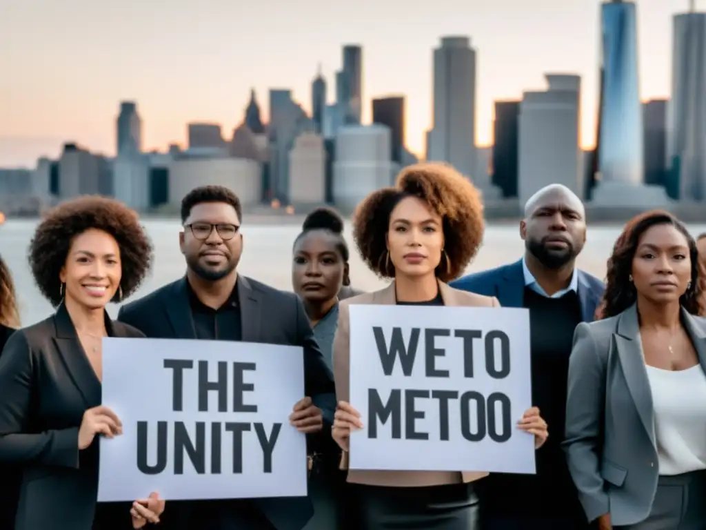 Imagen en blanco y negro de un grupo diverso de personas con carteles del movimiento #MeToo, mostrando unidad y determinación