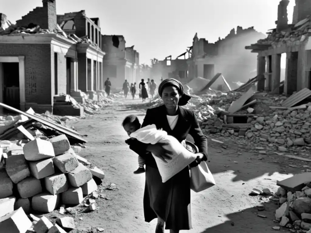 Una imagen en blanco y negro muestra a un grupo de personas en una ciudad en ruinas, con expresiones de esperanza