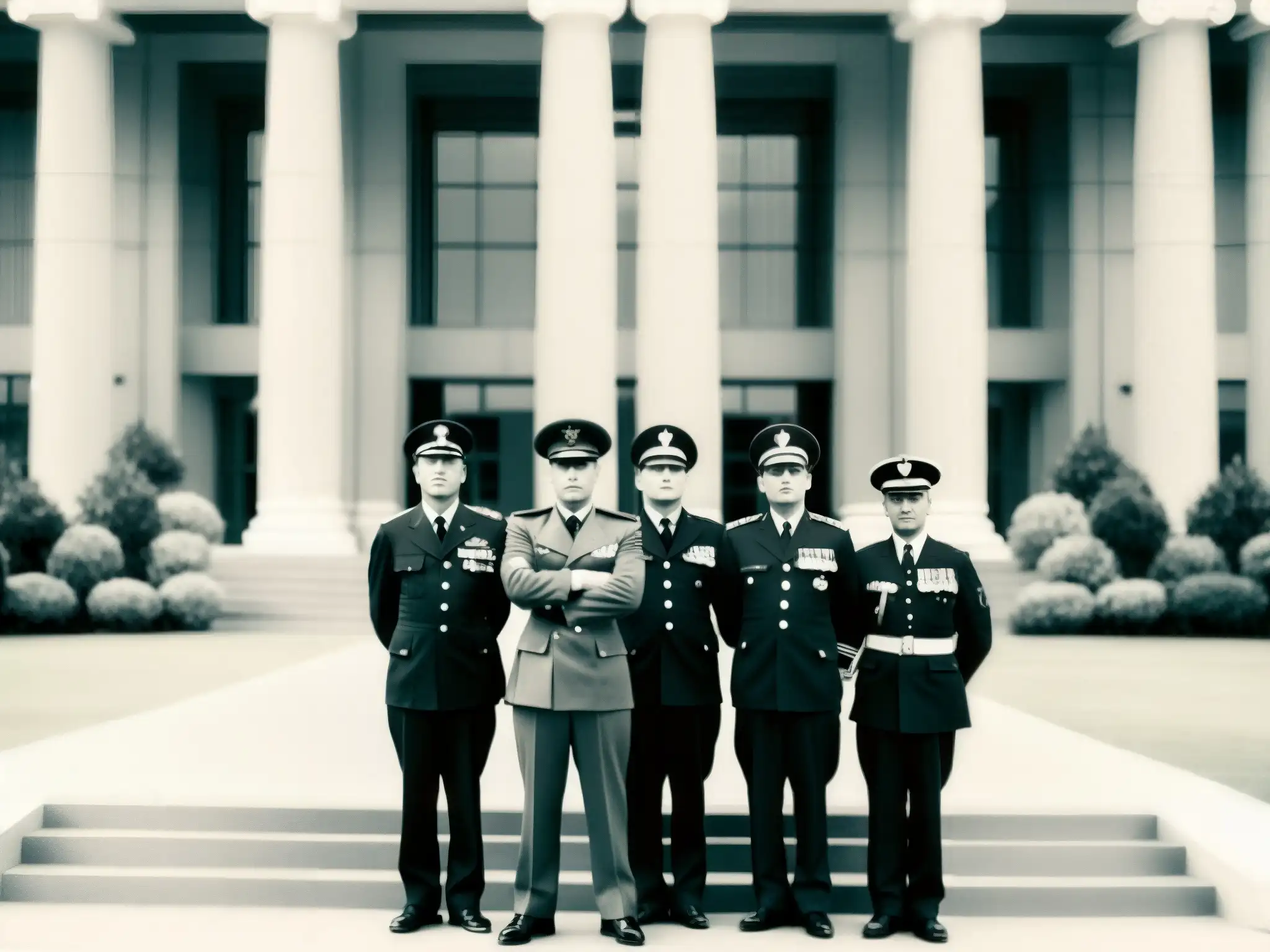 Imagen en blanco y negro de líder autoritario y elite militar, expresando poder y lealtad frente al edificio gubernamental