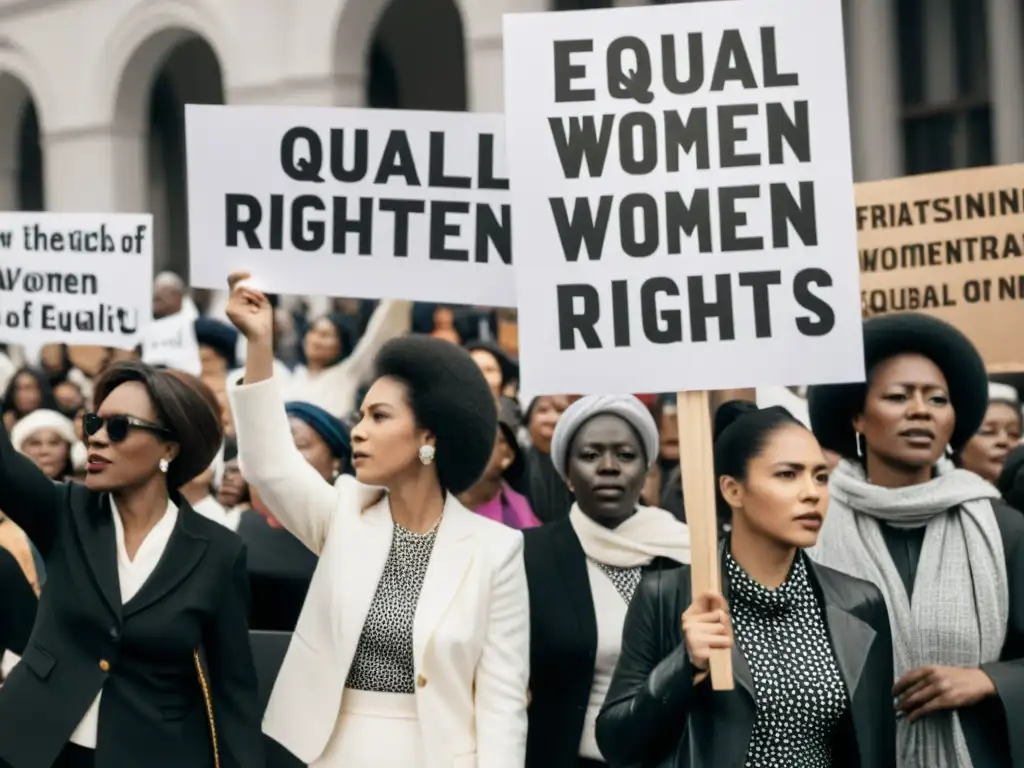 Imagen en blanco y negro de mujeres de diferentes épocas y culturas marchando con pancartas en protesta por los derechos de la mujer