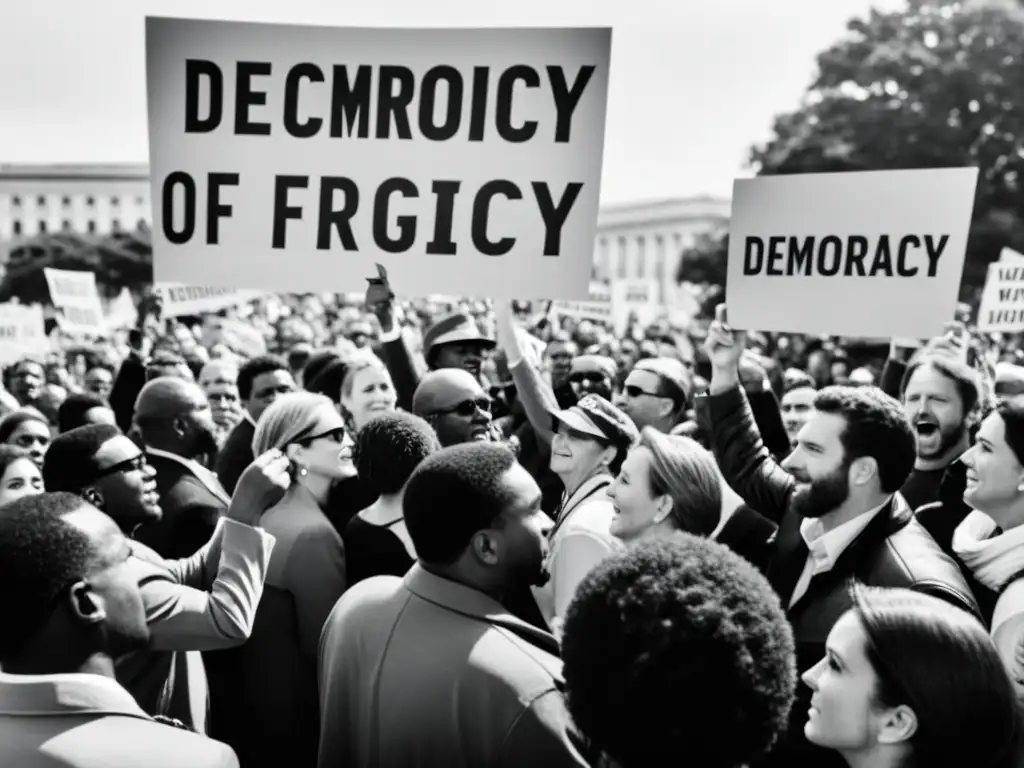 Una imagen en blanco y negro de una multitud reunida en una plaza pública, sosteniendo pancartas con consignas a favor de la democracia