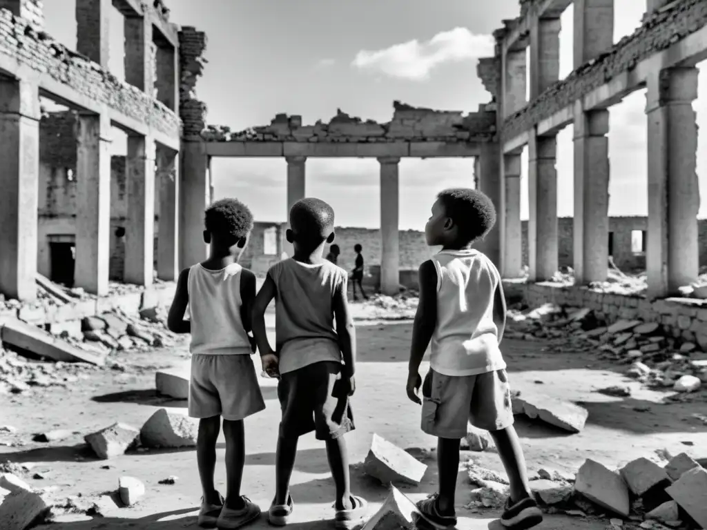 Niñez en conflicto: inocencia y tristeza Imagen en blanco y negro de niños jugando en ruinas de edificio en zona de conflicto, mostrando el impacto a largo plazo de conflictos olvidados