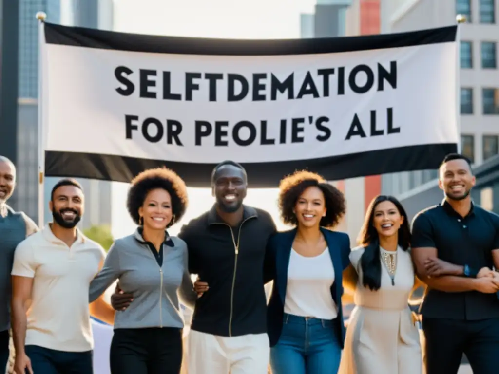 Unidos por la Autodeterminación: Fuerza Multicultural Imagen en blanco y negro de personas diversas unidas en círculo frente a un cartel que dice 'Autodeterminación de los Pueblos Derechos Humanos', en una ciudad bulliciosa, evocando unidad y lucha por los derechos