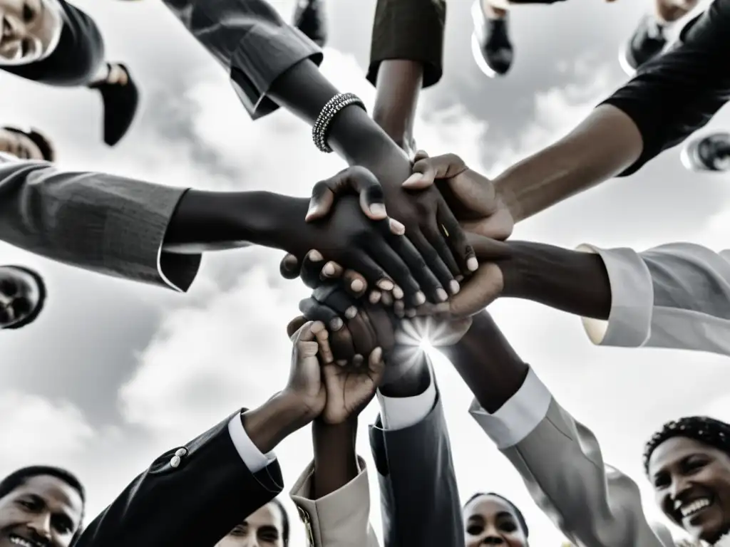 Imagen en blanco y negro de personas diversas unidas en círculo, representando la cooperación global en avances y desafíos en derechos humanos