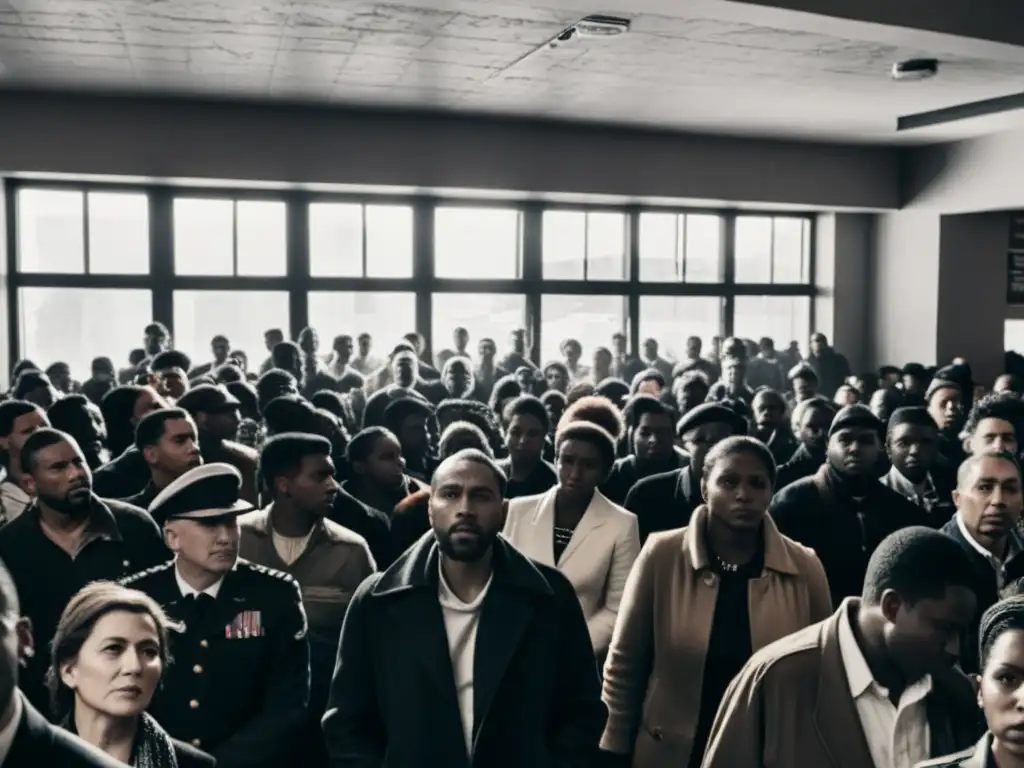 Imagen en blanco y negro de personas desafían opresión dictadura en sala llena de tensión y determinación