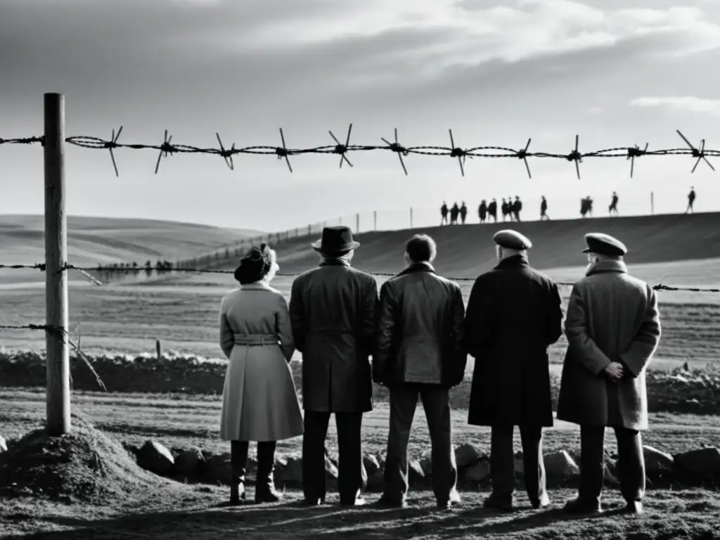 Imagen en blanco y negro de personas junto a una alambrada, evocando la represión y lucha por la libertad en la era de la Cortina de Hierro