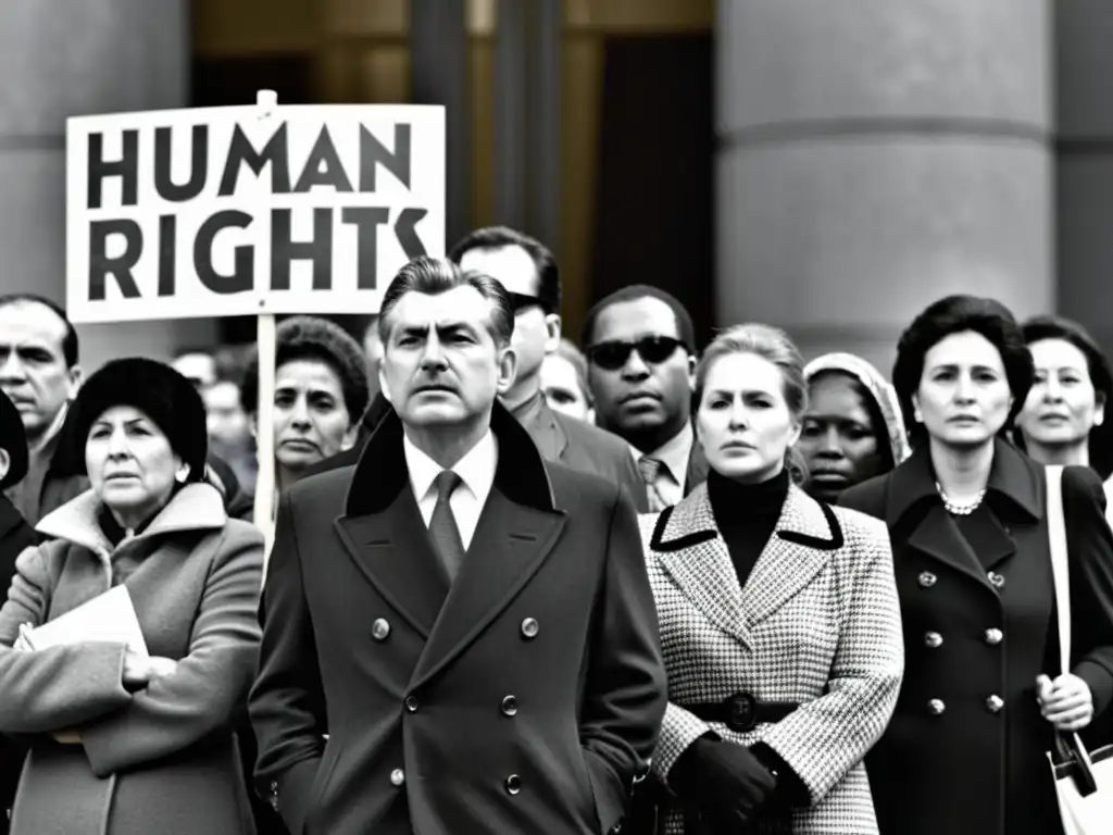 Imagen en blanco y negro de personas en fila frente a un edificio gubernamental, expresiones solemnes, carteles por derechos humanos