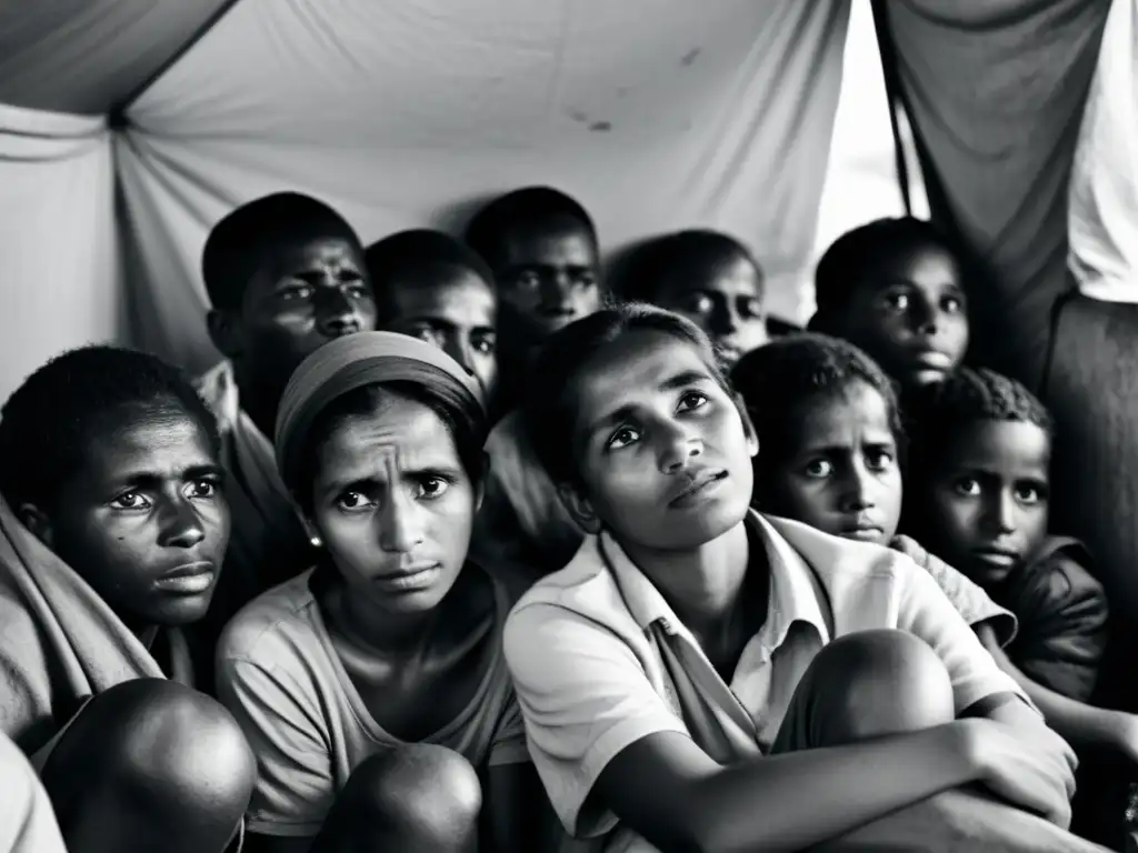 Imagen en blanco y negro de personas desplazadas en un refugio improvisado, reflejando la dura realidad de conflictos olvidados impactos humanitarios con emoción cruda y autenticidad, destacando la comunidad y la urgencia de empatía