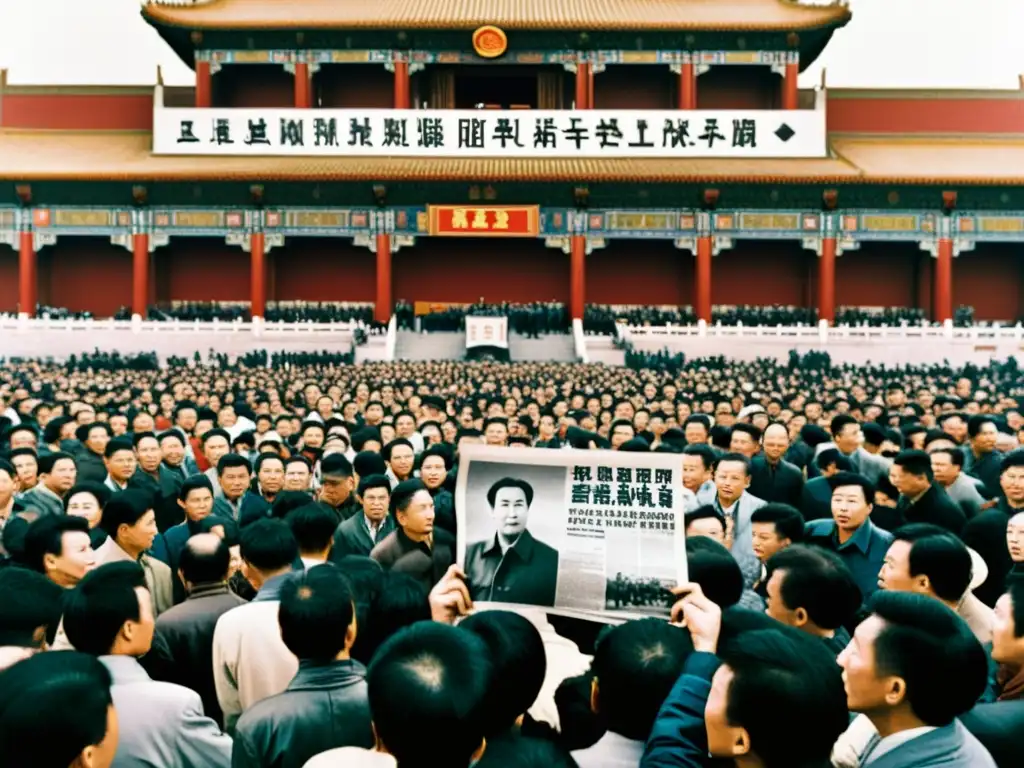 Imagen en blanco y negro de una plaza abarrotada en Beijing durante la Revolución Cultural, con ciudadanos leyendo periódicos censurados y carteles de propaganda gubernamental