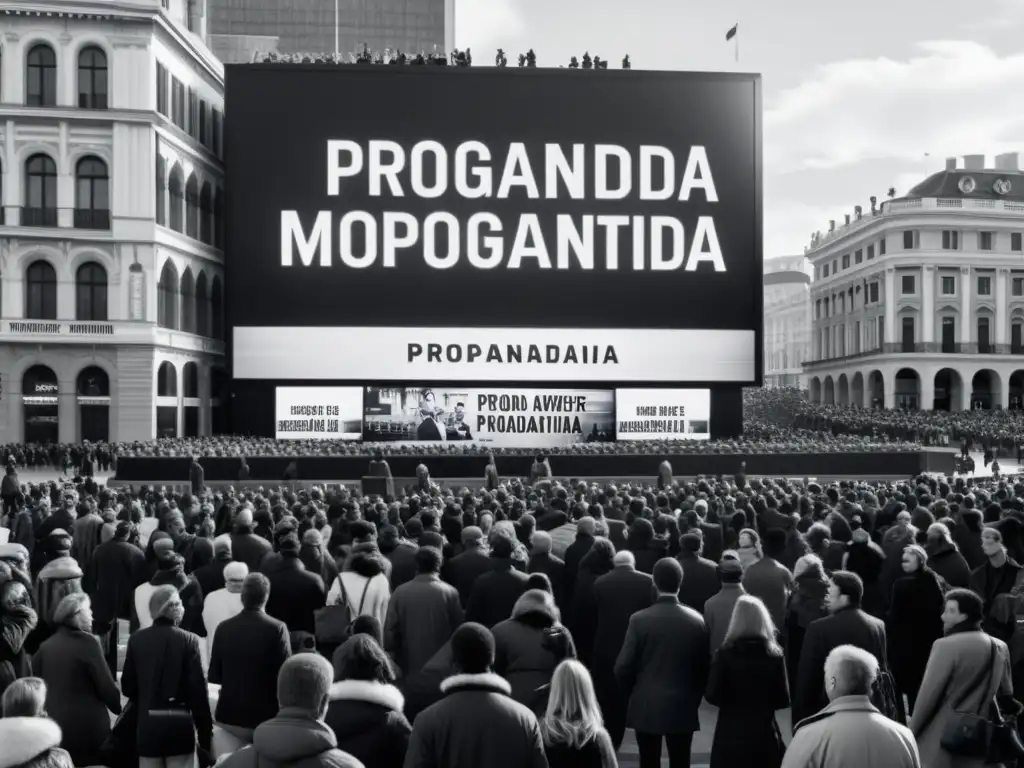 Imagen en blanco y negro de plaza con cartel de propaganda, reflejando el control autoritario y la manipulación mediática en la era moderna