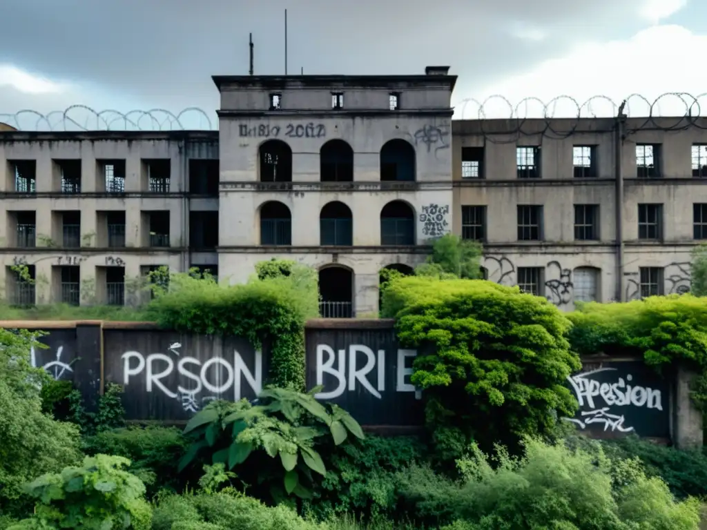 Imagen en blanco y negro de una prisión en ruinas con alambre de púas y torres de vigilancia