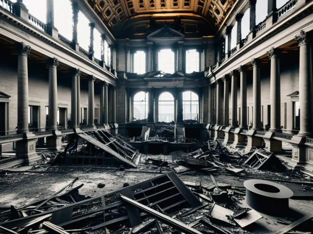 Imagen en blanco y negro de los restos del incendio del Reichstag, reflejando la destrucción y caos del Tercer Reich