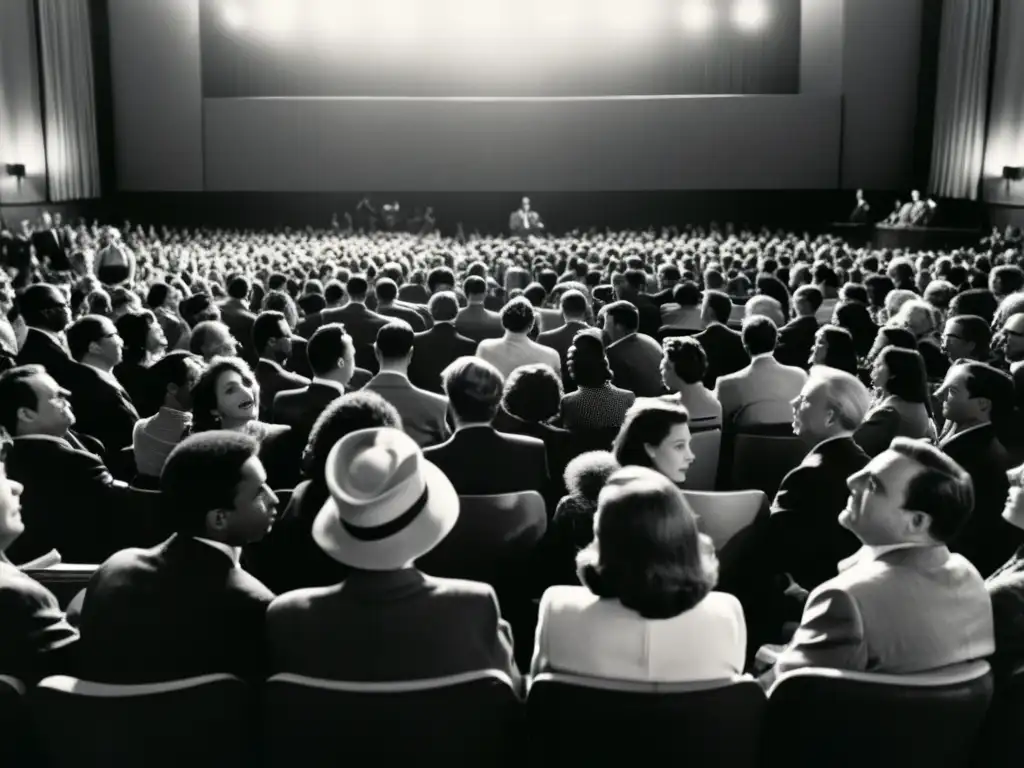 Imagen en blanco y negro de una sala de cine llena en la mitad del siglo XX, con espectadores absortos viendo una película clásica sobre derechos humanos globales