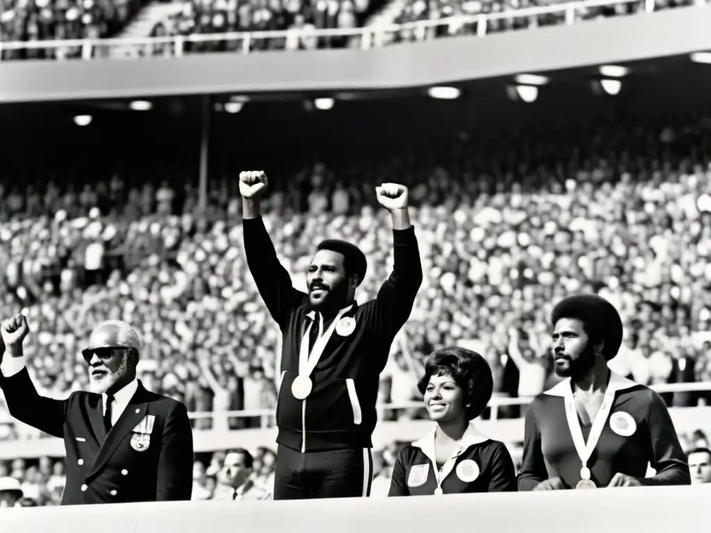 Imagen en blanco y negro del saludo de poder de los Juegos Olímpicos de 1968, destacando la política y derechos humanos en los Juegos Olímpicos