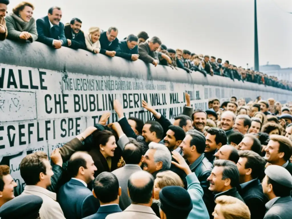 Imagen en blanco y negro de la significativa caída del Muro de Berlín, con multitud diversa celebrando su derribo histórico