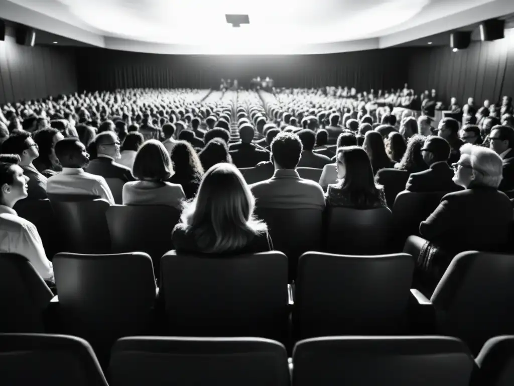 Imagen en blanco y negro de un teatro lleno en un festival de cine de derechos humanos globales, con el público emocionado y conmovido por la película