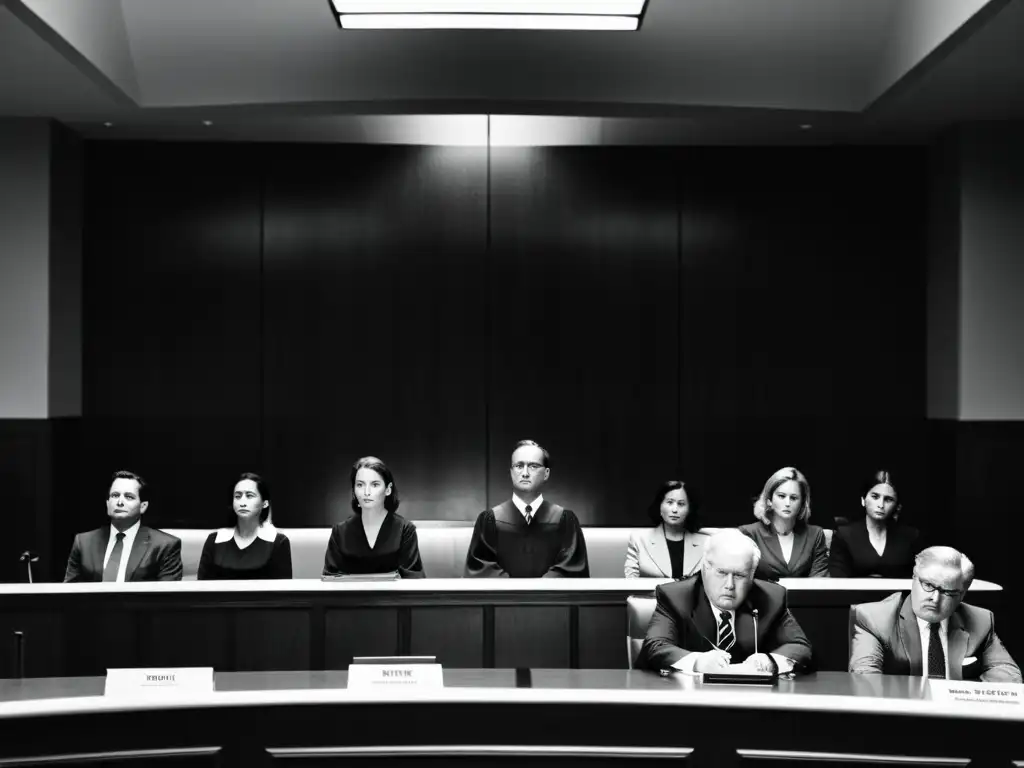 Imagen en blanco y negro de un tribunal durante el anuncio de una decisión en un caso de justicia transicional