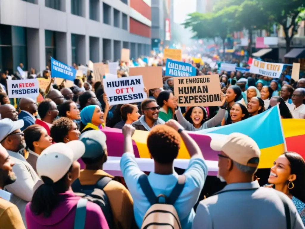 Imagen de una bulliciosa calle llena de gente diversa y pancartas con mensajes sobre derechos humanos y libertad de expresión