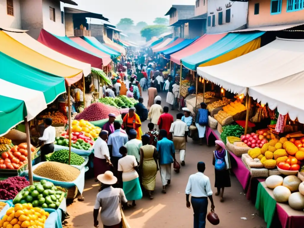 Imagen de un bullicioso mercado en un país en desarrollo, reflejando la diversidad, el intercambio cultural y la ética en el consumo global