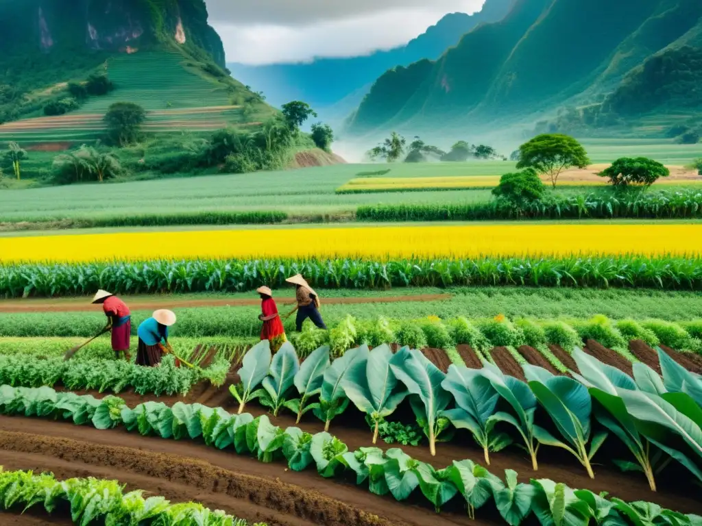 Imagen de campo biodiverso con agricultores indígenas, evocando la autonomía alimentaria y movimientos indígenas