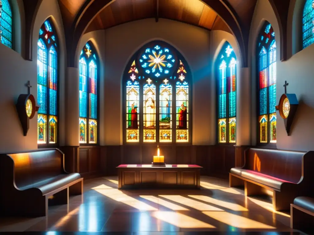 Imagen de una capilla serena iluminada con luz solar a través de vitrales, destacando el arte sacro y la atmósfera de reverencia y tranquilidad