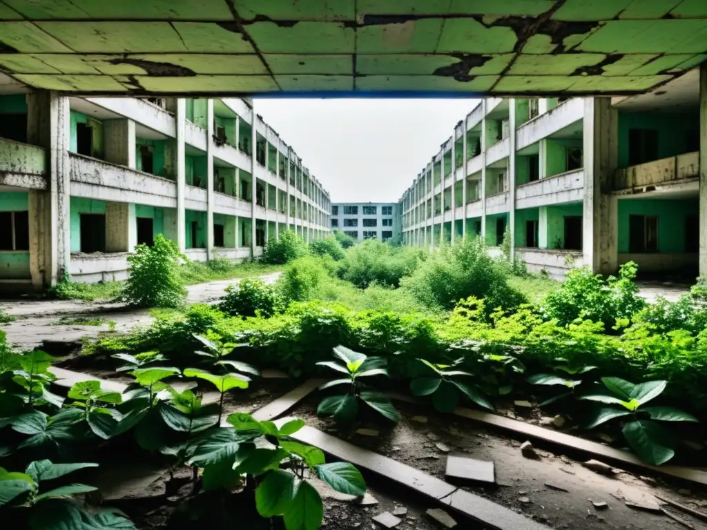 Imagen de la ciudad abandonada de Pripyat, con la naturaleza reclamando edificios y calles, evocando el impacto de Chernóbil en derechos humanos