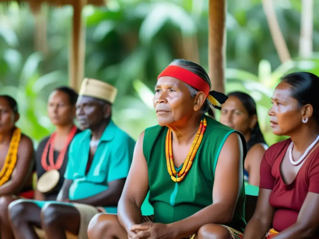 Imagen de comunidad Saramaka luchando por el Derecho a la Consulta Previa Interamericana, con determinación y orgullo cultural en la selva tropical