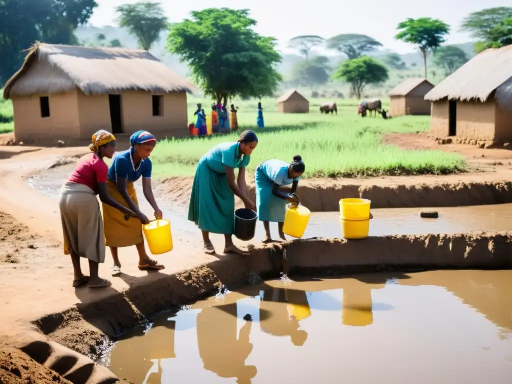 Trabajo en comunidad para combatir la escasez de agua Imagen de una comunidad rural afectada por el cambio climático, hombres y mujeres trabajan juntos para abordar la escasez de agua
