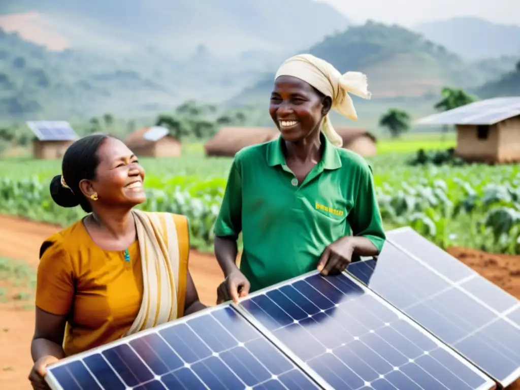 Imagen de comunidad rural recibiendo paneles solares y tecnología limpia, mostrando esperanza y empoderamiento