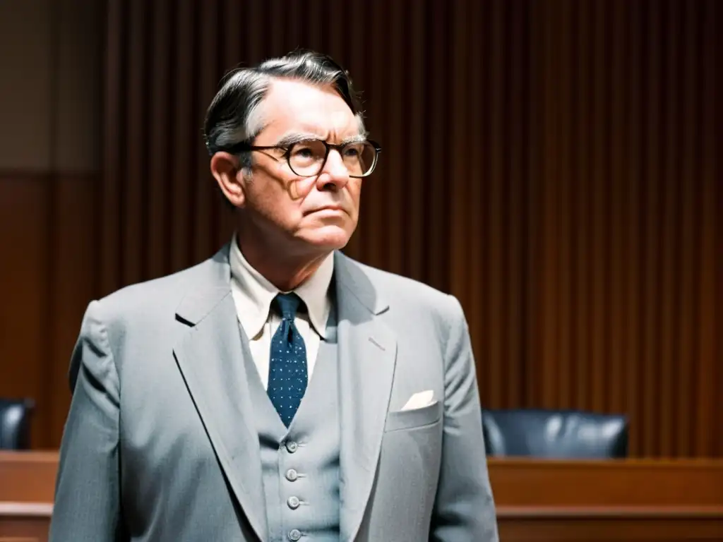 Imagen detallada de Atticus Finch defendiendo a su cliente en un tribunal, reflejando su determinación