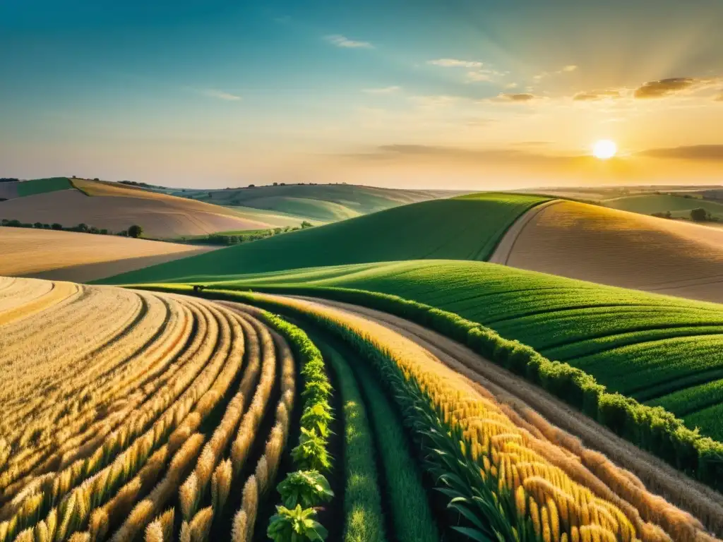 Imagen 8k detallada de una granja verde y exuberante con campos de trigo dorado