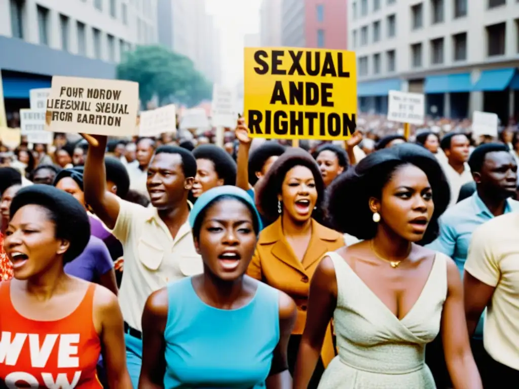 Imagen detallada de una marcha protesta de los años 60, con pancartas por la liberación sexual y los derechos de la mujer