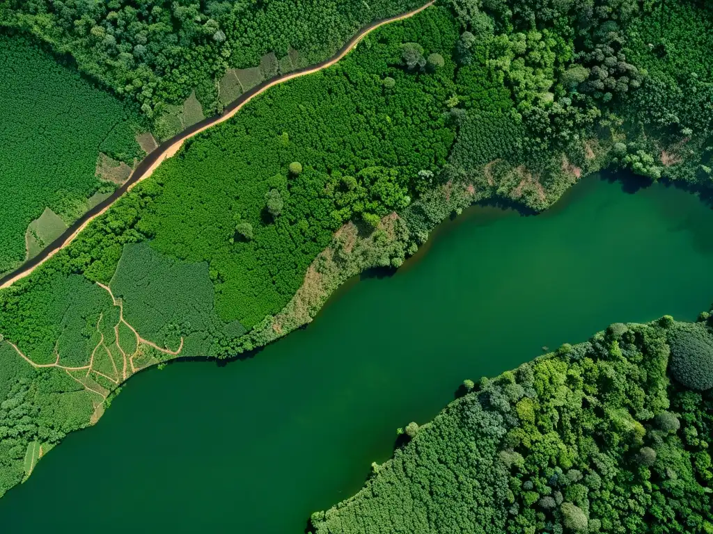 Imagen detallada de la deforestación en la selva amazónica, con contrastes entre vegetación exuberante y tierra estéril, destacando las respuestas nacionales al cambio climático en la región