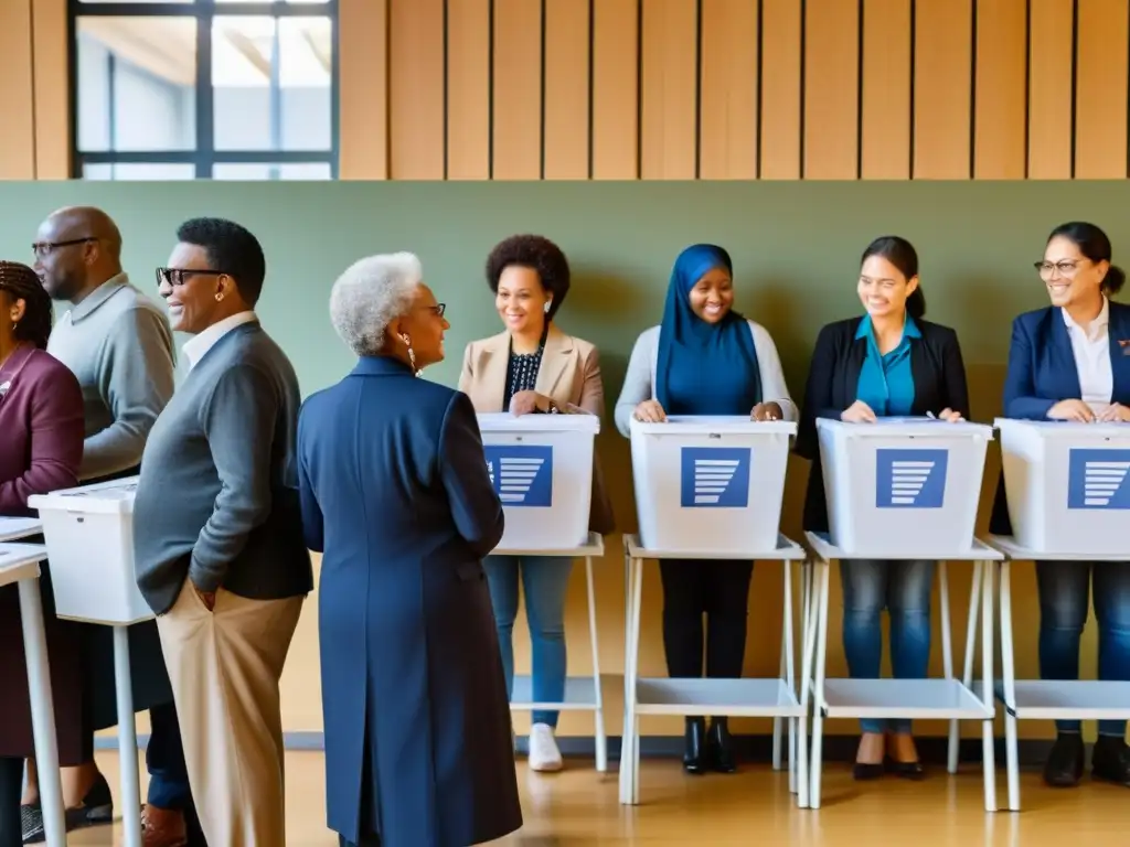 Imagen de alta resolución con diversidad de ciudadanos votando en una estación electoral, reflejando la integridad democrática en procesos electorales